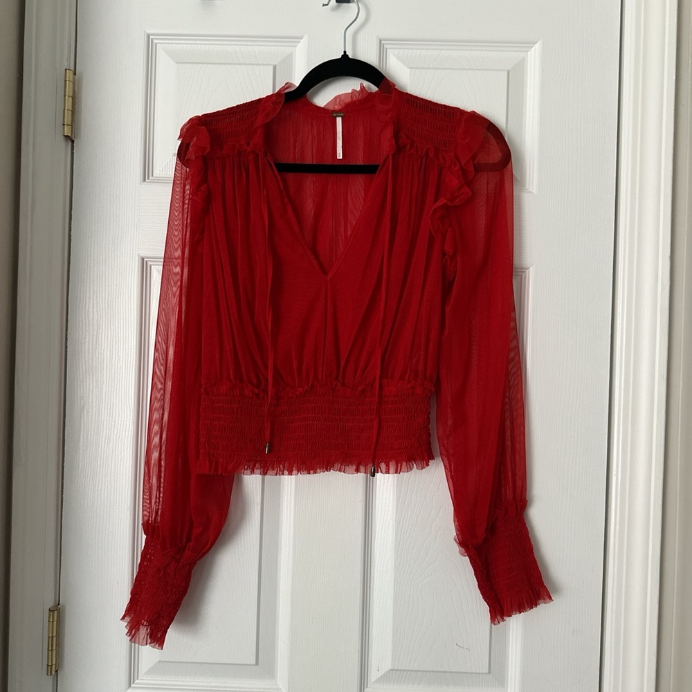 Red Sheer V-Neck Women's Blouse